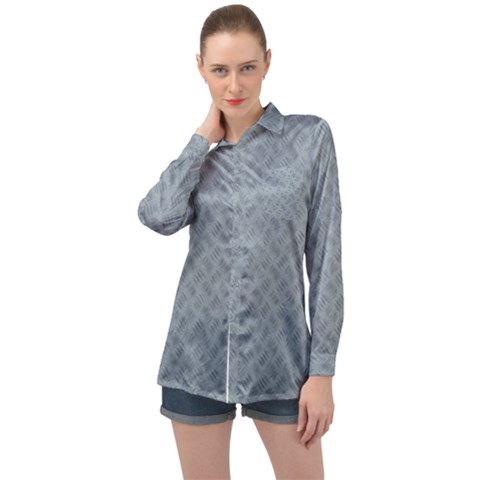 Grey Diamond Plate Metal Texture Long Sleeve Satin Shirt by SpinnyChairDesigns