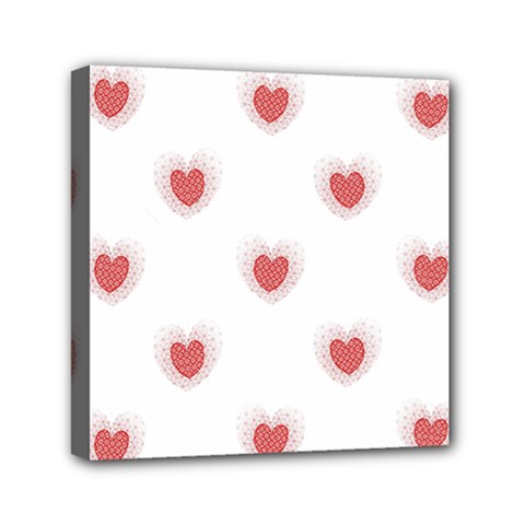 Red Polka Dot Hearts On White Mini Canvas 6  X 6  (stretched) by SpinnyChairDesigns