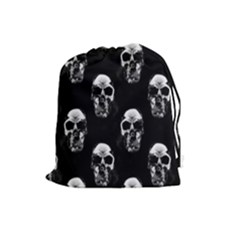 Black And White Skulls Drawstring Pouch (large) by SpinnyChairDesigns