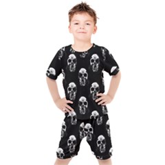 Black And White Skulls Kids  Tee And Shorts Set by SpinnyChairDesigns