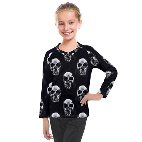 Black And White Skulls Kids  Long Mesh Tee by SpinnyChairDesigns