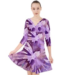 Plum Purple Abstract Floral Pattern Quarter Sleeve Front Wrap Dress by SpinnyChairDesigns