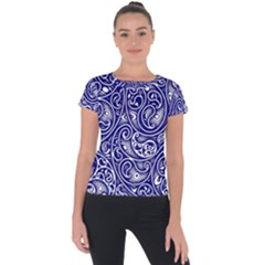 Blue White Paisley Intricate Swirls Short Sleeve Sports Top  by SpinnyChairDesigns