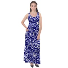 Blue White Paisley Intricate Swirls Sleeveless Velour Maxi Dress by SpinnyChairDesigns