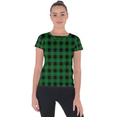 Black Dark Green Buffalo Plaid Short Sleeve Sports Top  by SpinnyChairDesigns