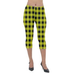 Yellow Black Buffalo Plaid Lightweight Velour Capri Leggings  by SpinnyChairDesigns