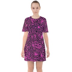 Hot Pink And Black Paisley Swirls Sixties Short Sleeve Mini Dress by SpinnyChairDesigns