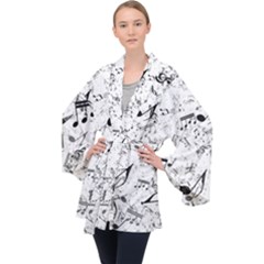 Black And White Music Notes Long Sleeve Velvet Kimono  by SpinnyChairDesigns