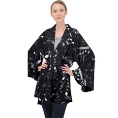 Black And White Music Notes Long Sleeve Velvet Kimono  by SpinnyChairDesigns