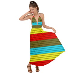 Multicolor With Black Lines Backless Maxi Beach Dress by tmsartbazaar