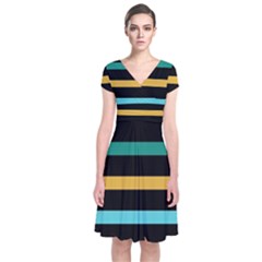 Colorful Mime Black Stripes Short Sleeve Front Wrap Dress by tmsartbazaar