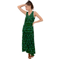 Leaf Forest And Blue Flowers In Peace V-neck Chiffon Maxi Dress by pepitasart