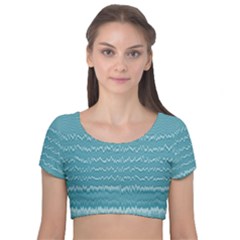 Boho Teal Stripes Velvet Short Sleeve Crop Top  by SpinnyChairDesigns