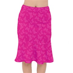 Magenta Pink Butterflies Pattern Short Mermaid Skirt by SpinnyChairDesigns