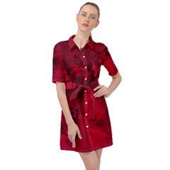 Scarlet Red Floral Print Belted Shirt Dress by SpinnyChairDesigns