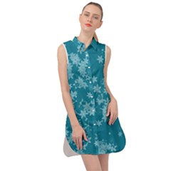 Teal Blue Floral Print Sleeveless Shirt Dress by SpinnyChairDesigns