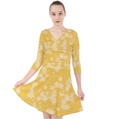 Saffron Yellow Floral Print Quarter Sleeve Front Wrap Dress by SpinnyChairDesigns