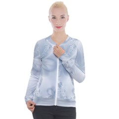 Faded Blue Floral Print Casual Zip Up Jacket by SpinnyChairDesigns