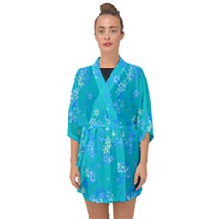 Aqua Blue Floral Print Half Sleeve Chiffon Kimono by SpinnyChairDesigns