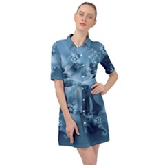 Steel Blue Flowers Belted Shirt Dress by SpinnyChairDesigns