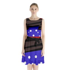 Mixed-lines-dots Black-bg Sleeveless Waist Tie Chiffon Dress by Casemiro