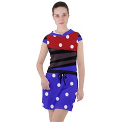 Mixed Polka Dots And Lines Pattern, Blue, Red, Brown Drawstring Hooded Dress by Casemiro