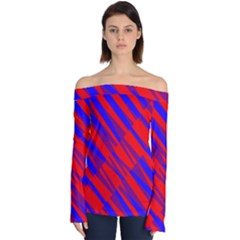 Geometric Blocks, Blue And Red Triangles, Abstract Pattern Off Shoulder Long Sleeve Top by Casemiro