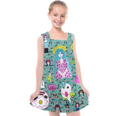 Blue Denim And Drawings Daisies Aqua Kids  Cross Back Dress by snowwhitegirl