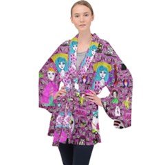 Blue Denim And Drawings Daisies Pink Long Sleeve Velvet Kimono  by snowwhitegirl