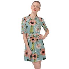 Flower White Blue Pattern Floral Belted Shirt Dress by Mariart