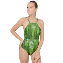 In The Forest The Fullness Of Spring, Green, High Neck One Piece Swimsuit by MartinsMysteriousPhotographerShop