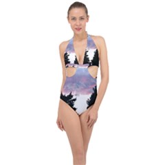 Colorful Overcast, Pink,violet,gray,black Halter Front Plunge Swimsuit by MartinsMysteriousPhotographerShop