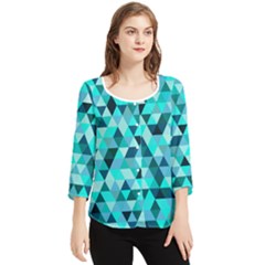 Teal Triangles Pattern Chiffon Quarter Sleeve Blouse by LoolyElzayat