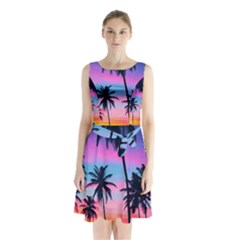 Sunset Palms Sleeveless Waist Tie Chiffon Dress by goljakoff