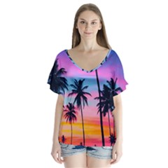 Sunset Palms V-neck Flutter Sleeve Top by goljakoff