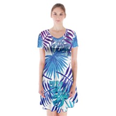 Blue Tropical Leaves Short Sleeve V-neck Flare Dress by goljakoff