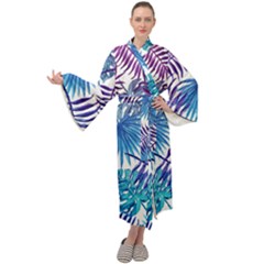 Blue Tropical Leaves Maxi Velour Kimono by goljakoff