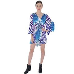 Blue Tropical Leaves V-neck Flare Sleeve Mini Dress by goljakoff