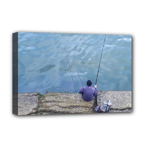 Senior Man Fishing At River, Montevideo, Uruguay001 Deluxe Canvas 18  X 12  (stretched) by dflcprintsclothing