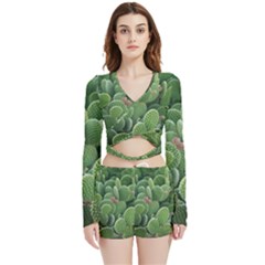 Green Cactus Velvet Wrap Crop Top And Shorts Set by Sparkle