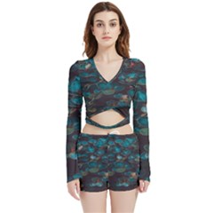 Realeafs Pattern Velvet Wrap Crop Top And Shorts Set by Sparkle