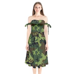 Forest Camo Pattern, Army Themed Design, Soldier Shoulder Tie Bardot Midi Dress by Casemiro