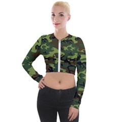 Forest Camo Pattern, Army Themed Design, Soldier Long Sleeve Cropped Velvet Jacket by Casemiro