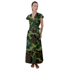 Forest Camo Pattern, Army Themed Design, Soldier Flutter Sleeve Maxi Dress by Casemiro