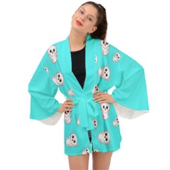 Azure Blue And Crazy Kitties Pattern, Cute Kittens, Cartoon Cats Theme Long Sleeve Kimono by Casemiro