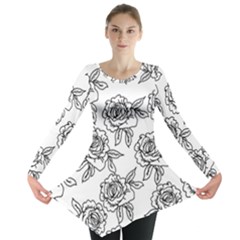 Line Art Black And White Rose Long Sleeve Tunic  by MintanArt