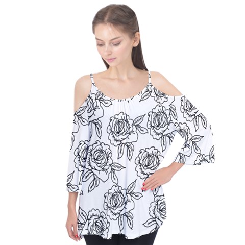 Line Art Black And White Rose Flutter Tees by MintanArt