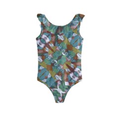 Multicolored Collage Print Pattern Mosaic Kids  Frill Swimsuit by dflcprintsclothing