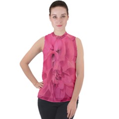 Beauty Pink Rose Detail Photo Mock Neck Chiffon Sleeveless Top by dflcprintsclothing