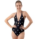 Black And White Baseball Motif Pattern Halter Cut-Out One Piece Swimsuit View1